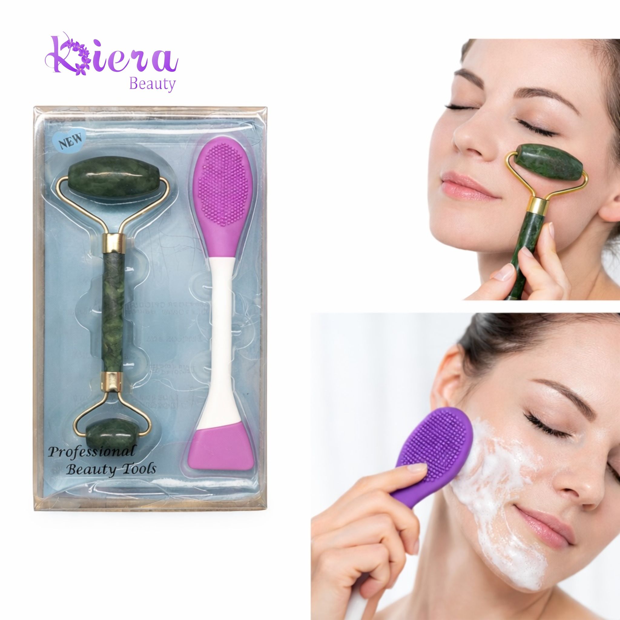 KIERA Set de ingrijre faciala cu piatra de jad si perie cu aplicator Engros-H5-